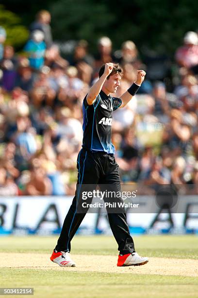 Adam Milne of New Zealand celebrates his wicket of Thisara Perera of Sri Lanka during game five of the One Day International series between New...