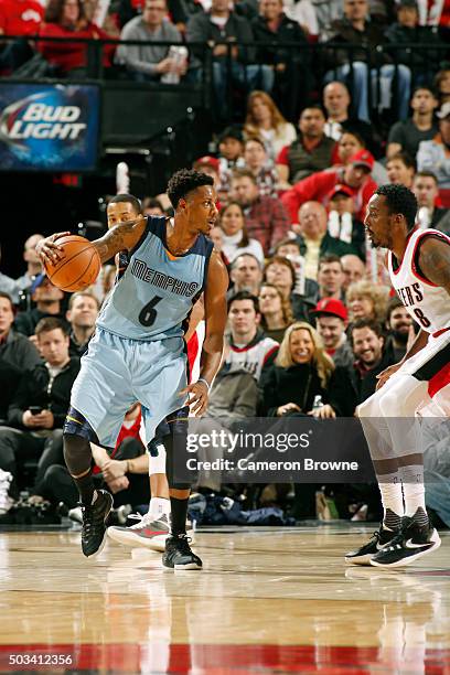 Mario Chalmers of the Memphis Grizzlies defends the ball against the Portland Trail Blazers during the game on January 4, 2016 at Moda Center in...