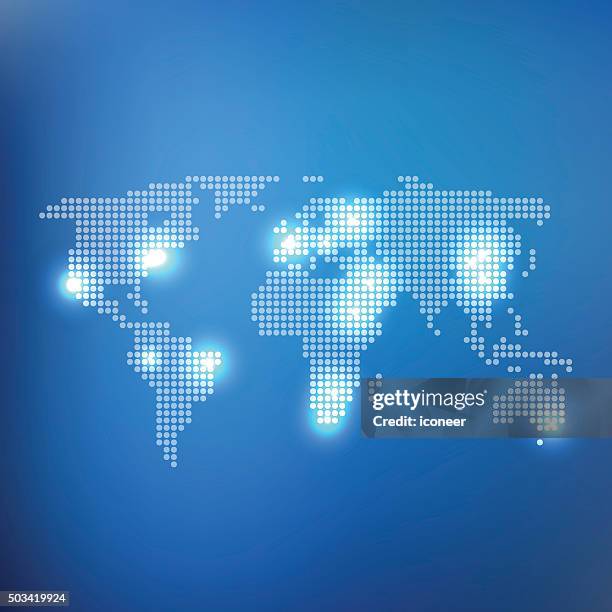 stockillustraties, clipart, cartoons en iconen met dotted world map with city lights on blue background - photopollution