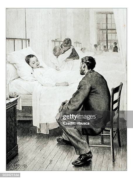antique illustration of "a day of visit to the hospital" geoffroy - poor family stock illustrations