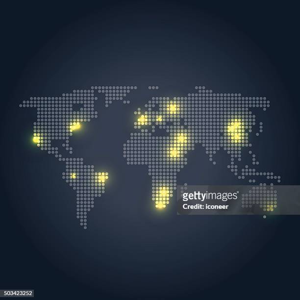 ilustraciones, imágenes clip art, dibujos animados e iconos de stock de salpicado mapa mundial con amarillo de las luces de la ciudad sobre fondo oscuro - photopollution