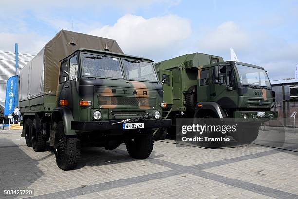 star 266 trucks on the defence exhibition - armoured truck stock pictures, royalty-free photos & images