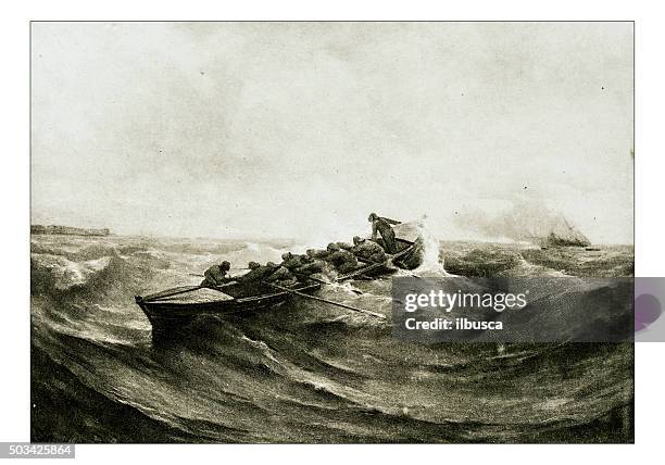 antique illustration of "lifeboat" by berthelemy - lifeboat stock illustrations