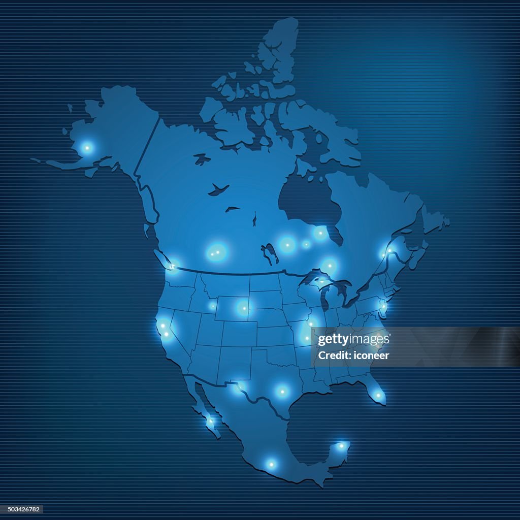 North America map dark with ciry lights on blue background