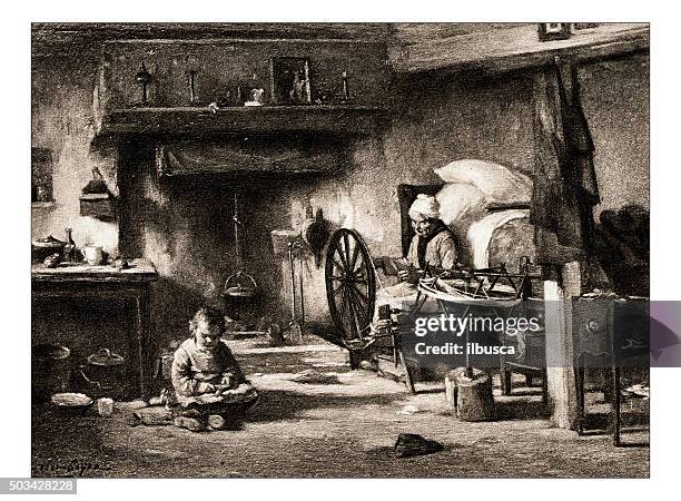 antike illustration von "chez la grand mere" von soyer - webstuhl stock-grafiken, -clipart, -cartoons und -symbole