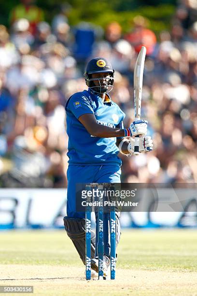 Angelo Mathews of Sri Lanka bats during game five of the One Day International series between New Zealand and Sri Lanka at Bay Oval on January 5,...