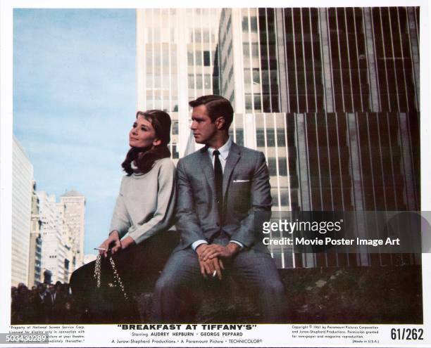Publicity still for Blake Edwards' 1961 romantic comedy 'Breakfast at Tiffany's' starring Audrey Hepburn and George Peppard.