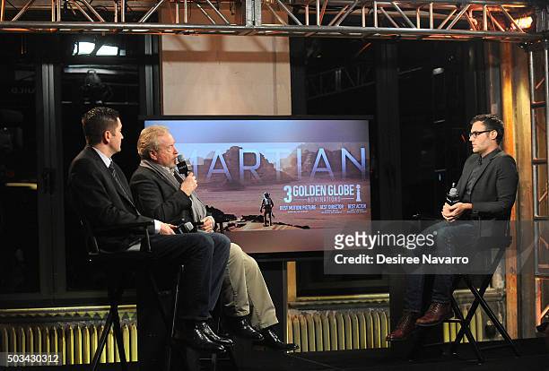 Screenwriter Drew Goddard, film director Sir Ridley Scott and moderator Ricky Camilleri attend AOL BUILD Series: Drew Goddard and Sir Ridley Scott,...