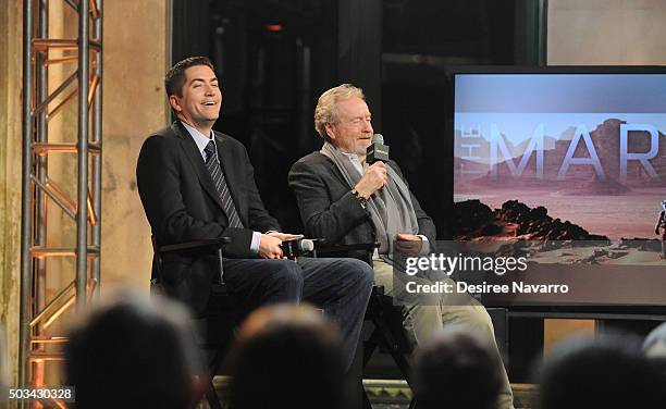 Screenwriter Drew Goddard and film director Sir Ridley Scott attend AOL BUILD Series: Drew Goddard and Sir Ridley Scott, "The Martian" at AOL Studios...