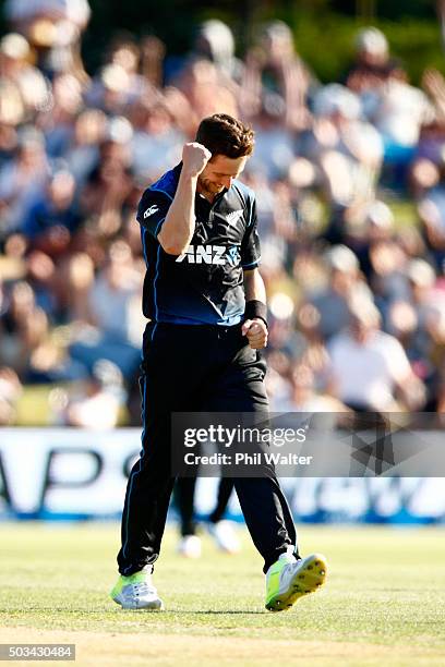 Matt Henry of New Zealand celebrates his wicket of Chamara Kapugedera of Sri Lanka during game five of the One Day International series between New...