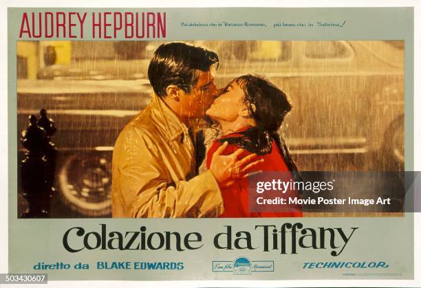 An Italian poster for Blake Edwards' 1961 romantic comedy 'Breakfast at Tiffany's' starring Audrey Hepburn and George Peppard.