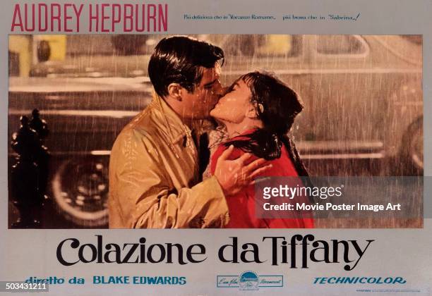 An Italian poster for Blake Edwards' 1961 romantic comedy 'Breakfast at Tiffany's' starring Audrey Hepburn and George Peppard.