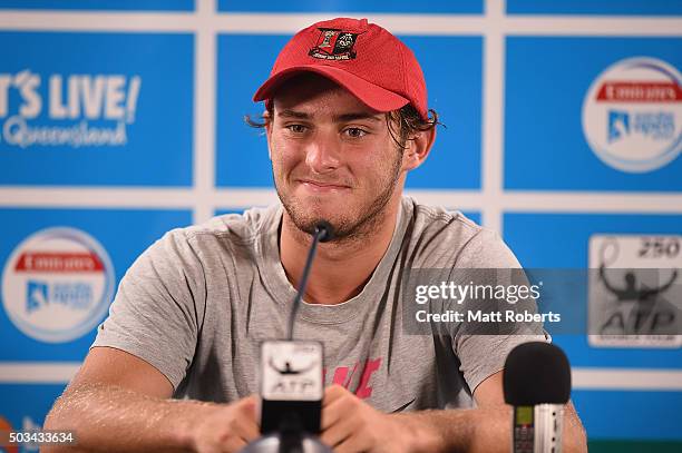 Oliver Anderson of Australia speaks during a press conference after his match against Ivan Dodig of Coratia on day three of the 2016 Brisbane...