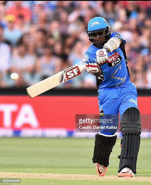 Mahela Jayawardena of the Strikers bats during the Big Bash League match between the Adelaide Strikers and Perth Scorchers at Adelaide Oval on...