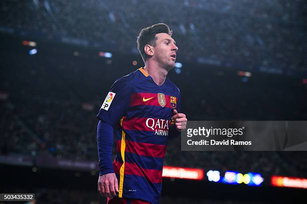 Lionel Messi of FC Barcelona looks on during the La Liga match between FC Barcelona and Real Betis Balompie at Camp Nou on December 30, 2015 in...
