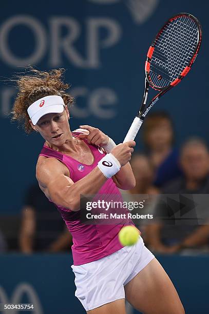 Sam Stosur of Australia plays a forehand against Carla Suarez Navarro of Spain during day three of the 2016 Brisbane International at Pat Rafter...