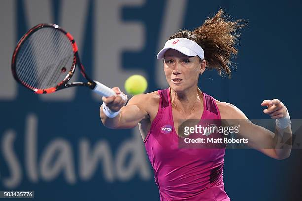 Sam Stosur of Australia plays a forehand against Carla Suarez Navarro of Spain during day three of the 2016 Brisbane International at Pat Rafter...