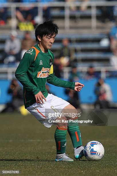 Toshiyuki Kitajo of Aomori Yamada in action during the 94th All Japan High School Soccer Tournament quarter final match between Aomori Yamada and...