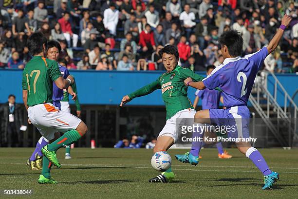 Issei Takahashi of Aomori Yamada shoots at goal during the 94th All Japan High School Soccer Tournament quarter final match between Aomori Yamada and...