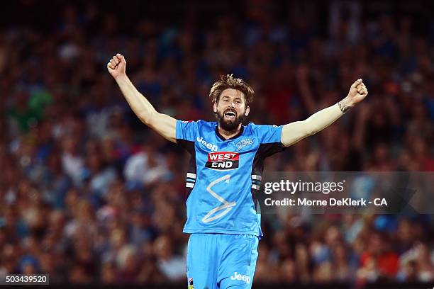 Kane Richardson of the Adelaide Strikers celebrates after getting the last Scorchers wicket to win the Big Bash League match between the Adelaide...