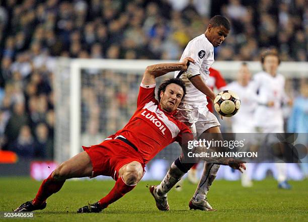 Spartak Moscow's Czech player Martin Jiranek vies with Tottenham Hotspurs' Frazier Campbell during their UEFA Cup Group D match at White Hart Lane in...