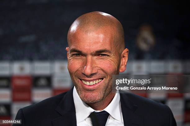 Newly appointed manager of Real Madrid Zinedine Zidane smiles during a Real Madrid press conference at Valdebebas training ground on January 5, 2016...