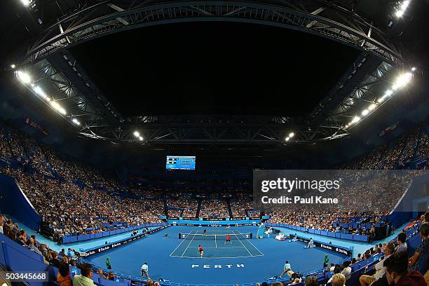 General view of play during the mixed doubles match between Jarmila Wolfe and Lleyton Hewitt of Australia Gold and Victoria Duval and Jack Sock of...