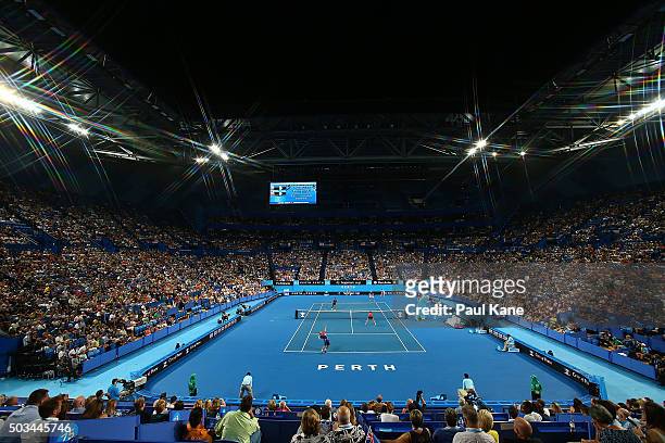 General view of play during the mixed doubles match between Jarmila Wolfe and Lleyton Hewitt of Australia Gold and Victoria Duval and Jack Sock of...