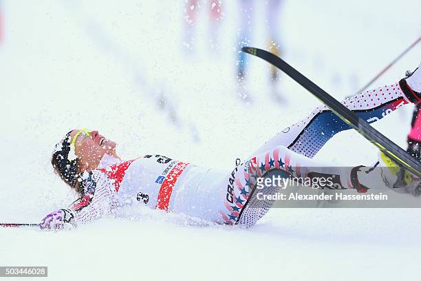 Sophie Caldwell of USA celebrates winning the Ladies 1.2km Classic Sprint Competition during day 1 of the FIS Tour de Ski event on January 5, 2016 in...