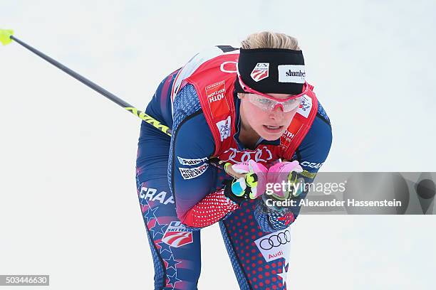 Jessica Diggins of USA competes at the Ladies 1.2km Classic Sprint Competition during day 1 of the FIS Tour de Ski event on January 5, 2016 in...