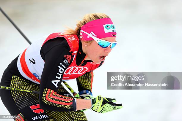 Sandra Ringwald of Germany competes at the Ladies 1.2km Classic Sprint Competition during day 1 of the FIS Tour de Ski event on January 5, 2016 in...