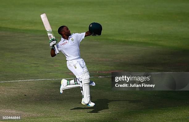 Temba Bavuma of South Africa celebrates his century during day four of the 2nd Test at Newlands Stadium on January 5, 2016 in Cape Town, South Africa.