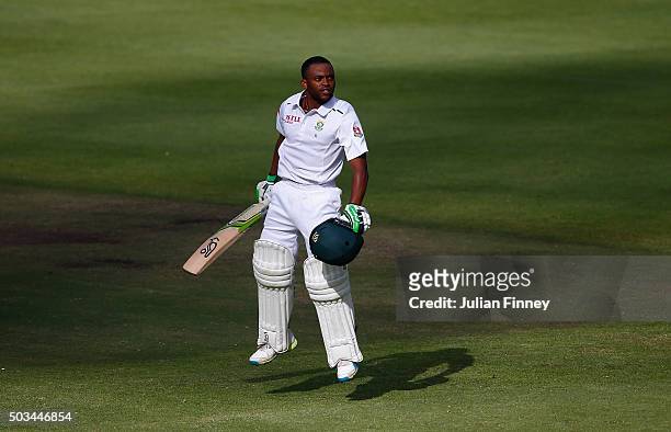 Temba Bavuma of South Africa celebrates his century during day four of the 2nd Test at Newlands Stadium on January 5, 2016 in Cape Town, South Africa.