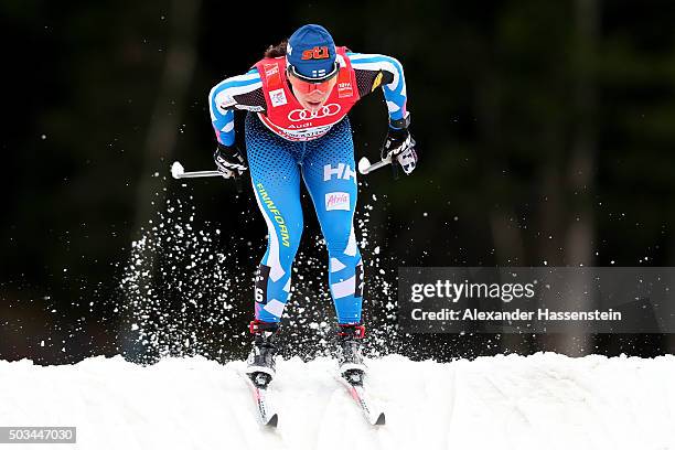 Krista Parmakoski of Finland competes at the Ladies 1.2km Classic Sprint Competition during day 1 of the FIS Tour de Ski event on January 5, 2016 in...