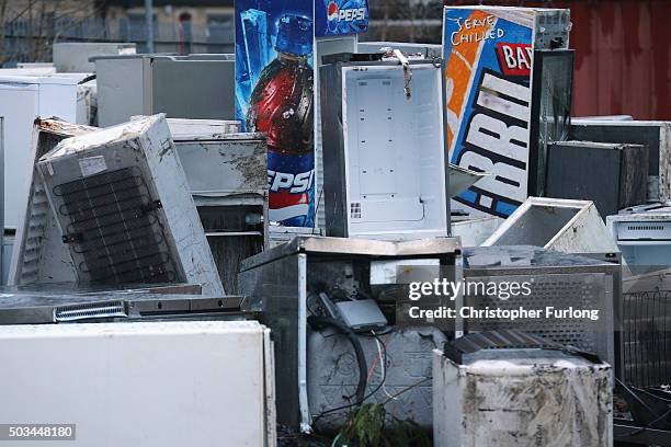 Pile of flood damaged aplliances that have been collected after the Boxing Day floods on January 5, 2016 in Mytholmroyd, England. The pile of flood...