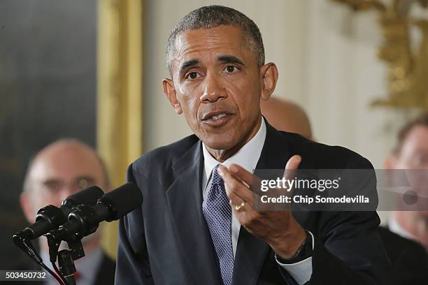 President Barack Obama delivers remarks about his efforts to increase federal gun control in the East Room of the White House January 5, 2016 in...
