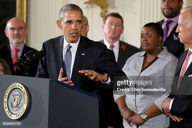 President Barack Obama delivers remarks about his efforts to increase federal gun control in the East Room of the White House January 5, 2016 in...