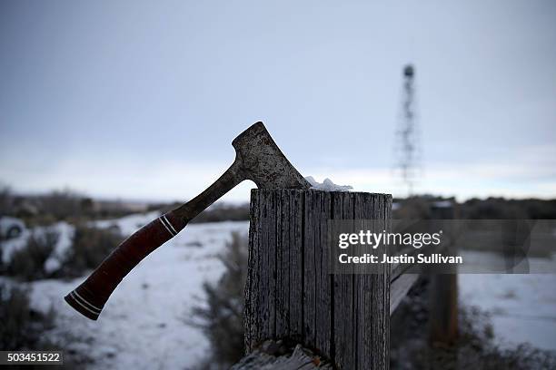 Hatchet sits on a fence at the Malheur National Wildlife Refuge Headquarters on January 5, 2016 near Burns, Oregon. An armed anti-government militia...