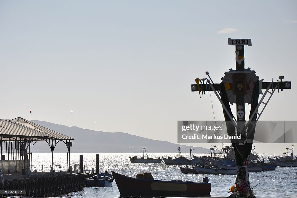 Cross memorial and pier in Paracas, Peru