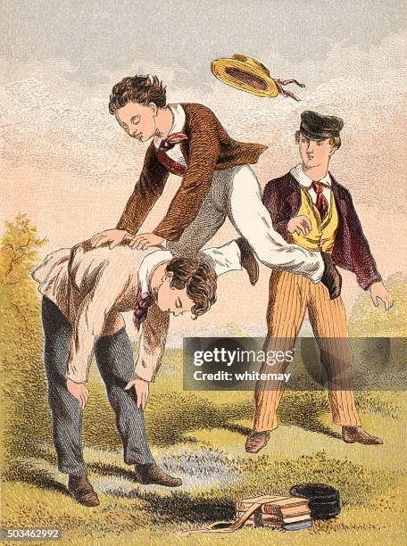 victorian boys playing leap frog - boys stock illustrations