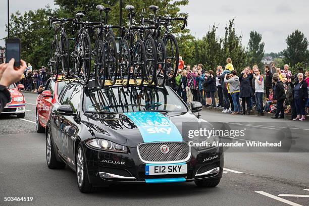 Le Tour de France Team Sky support car passes by following the start of Stage 2 in York