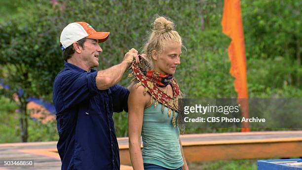Lie, Cheat and Steal" -- Jeff Probst awards Kelley Wentworth with the Immunity Necklace during the two-hour season finale of SURVIVOR, Wednesday,...