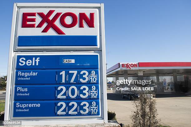 Gas prices are displayed at an Exxon gas station in Woodbridge, Virginia, January 5, 2016. Oil prices fell further January 5 as the crude supply glut...