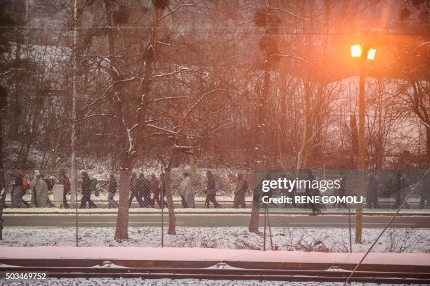 Refugees and migrants walk to cross the Slovenian-Austrian border on January 5, 2016 in Sentilj.