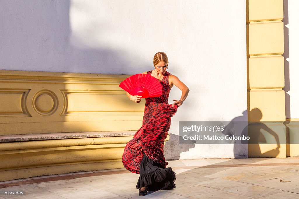 Flamenco dancer performing outdoors in Seville, Andalusia, Spain