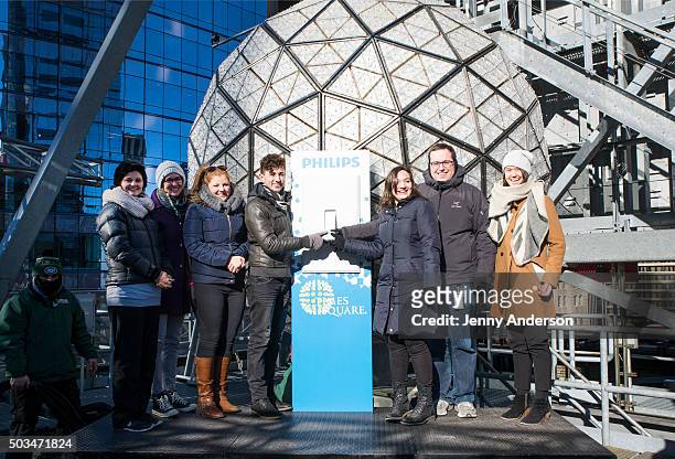 Lucy Hickey, Kendra O'Donnell, Caitlin Ring, Joe Papa, Julianna Slaten, Jeff Small and Nicole Leighton of the Times Square Alliance attend 2016 New...