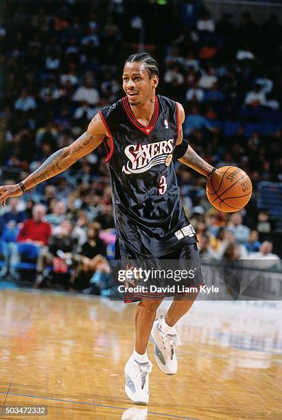 Allen Iverson of the Philadelphia 76ers shoots against the Cleveland Cavaliers on January 6, 2001 at Gund Arena in Cleveland, Ohio. NOTE TO USER:...