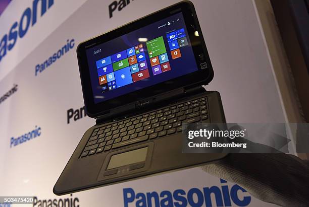 The Panasonic Toughpad FZ-Q1 laptop computer is displayed for a photograph during an event at the 2016 Consumer Electronics Show in Las Vegas,...