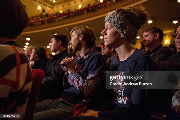 Supporters listen to Democratic presidential candidate Sen. Bernie Sanders as he outlines his plan to reform the U.S. Financial sector on January 5,...