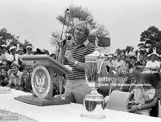 Jack Nicklaus of the United States at the microphone after winning the US Open Golf Championship held at the Baltusrol Golf Club in Springfield, New...